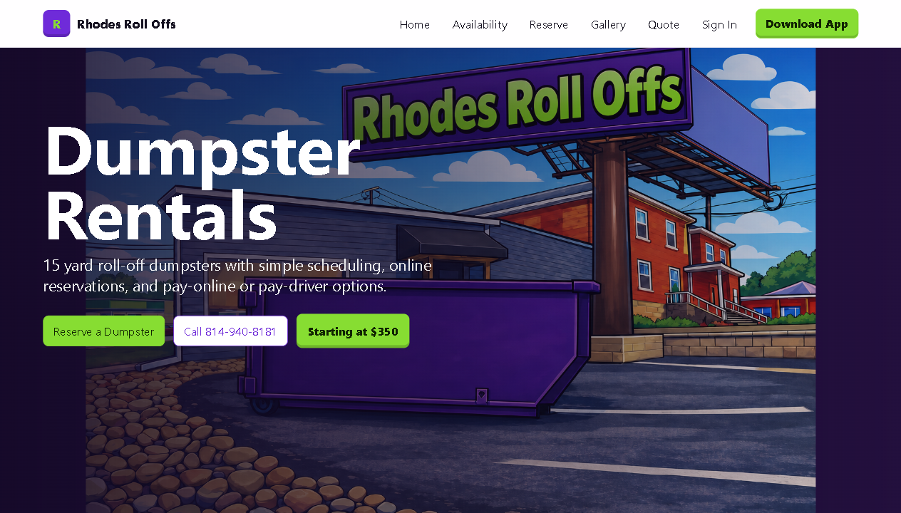 Screenshot of the Rhodes Roll Offs website